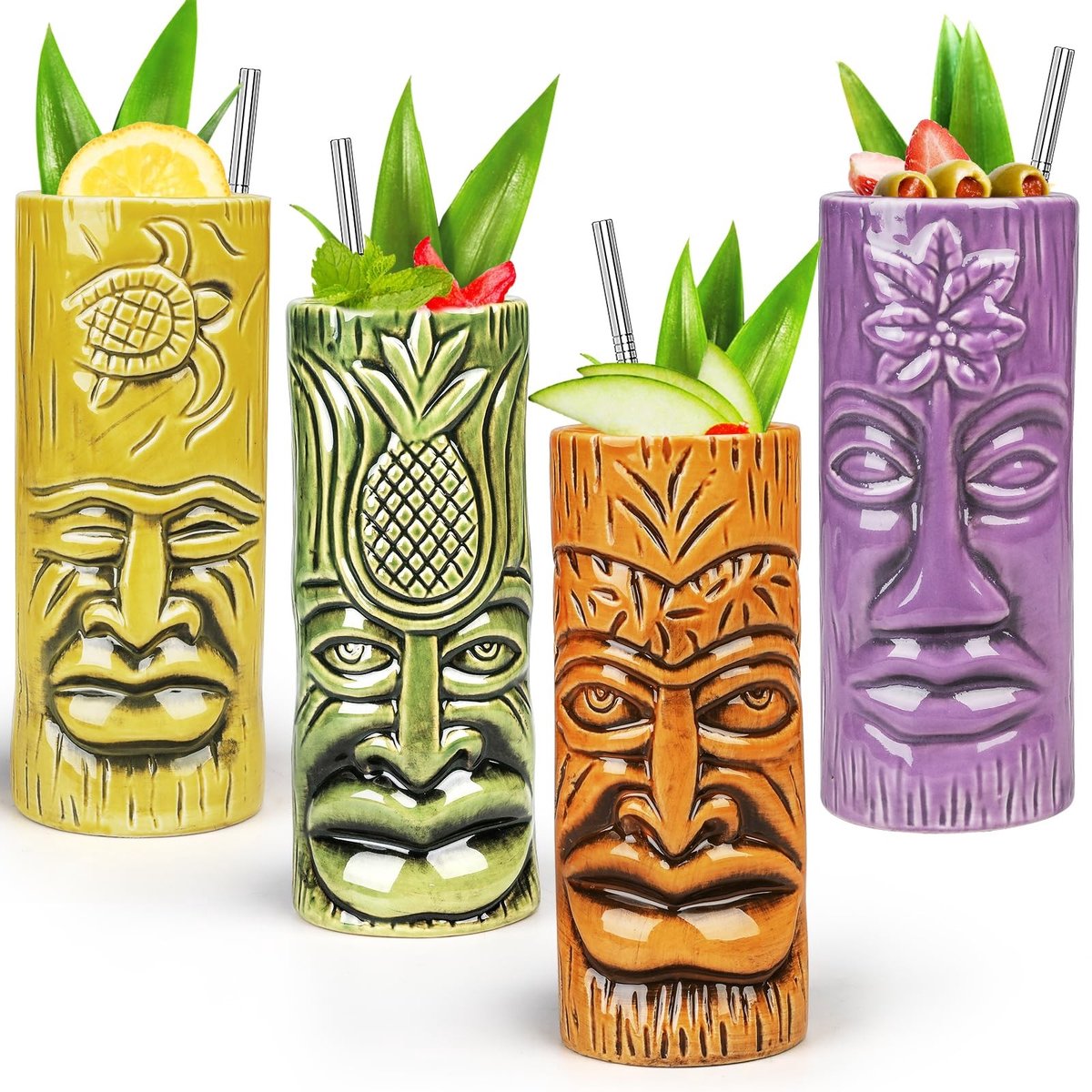 Omgoods - Set van 4 Keramische Tiki Mokjes - Cocktailglazen voor Feesten
