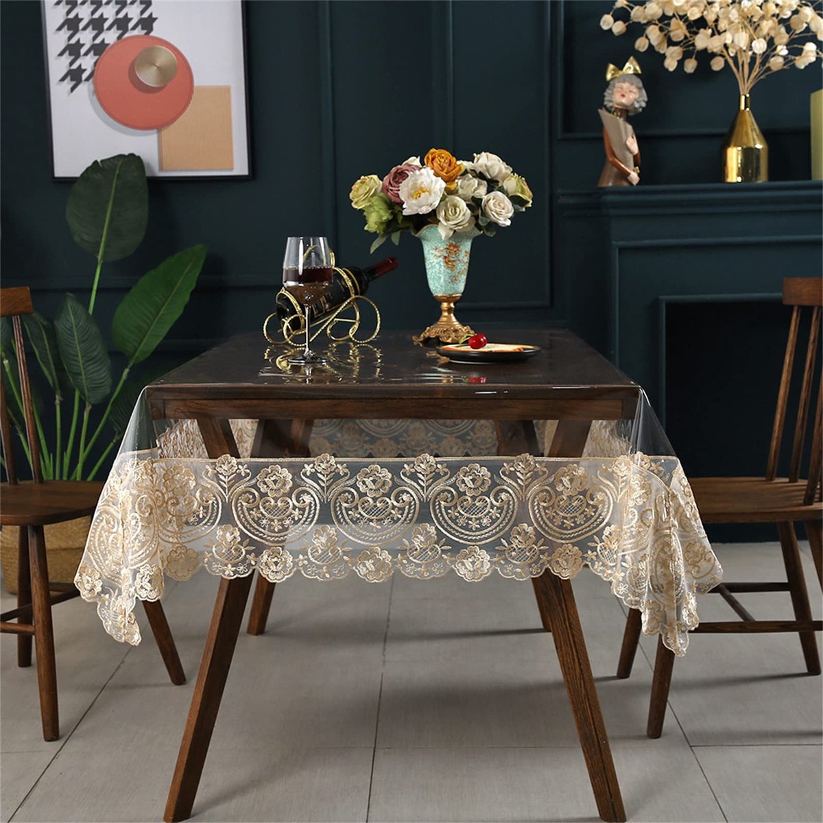 Omgoods - Waterdicht Plastic Tafelkleed met Kant - Bruin 130 x 180 cm