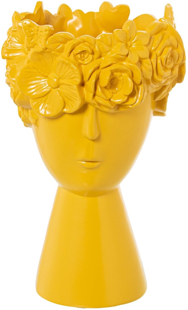 Omgoods - Ceramische Vaasje met Gezicht en Bloemen, Matt Geel