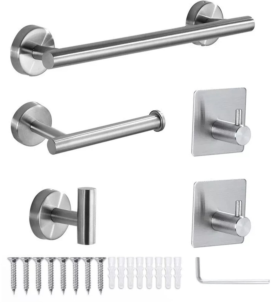 Omgoods- Accessoireset 5-delig - Badkameraccessoires Set - Geperforeerd Handdoekenrek - Papieren Handdoekrek - Zelfklevende Haken - 304 Roestvrij Staal