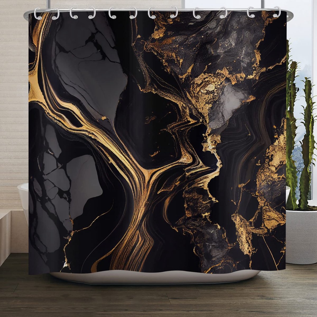 Omgoods- Douchegordijn Waterdicht - 180x200 cm - Polyester - Modern Abstract Zwart/Goud - Wasbaar - Inclusief 12 Haken - Badkamergordijn