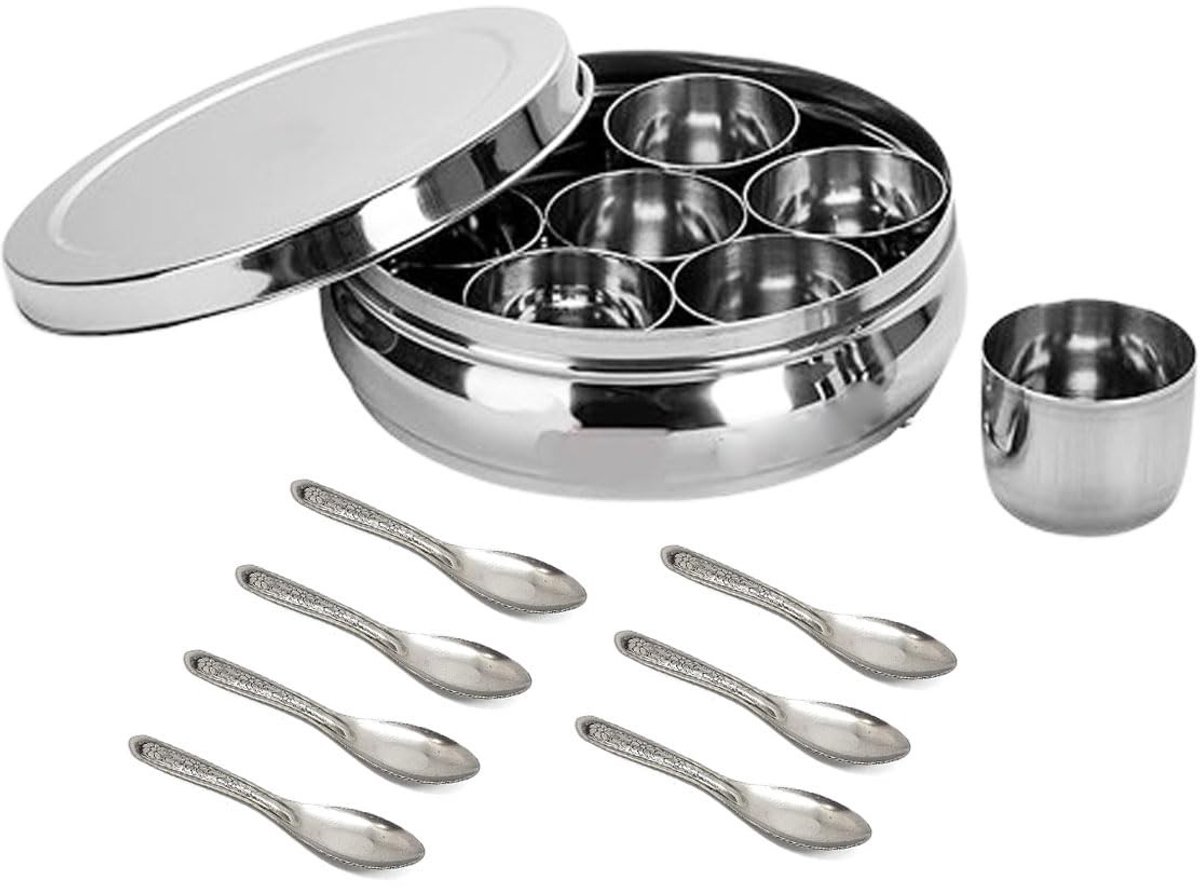 Omgoods - RVS Specerijenbox met 7 Potjes en Lepels voor Keuken