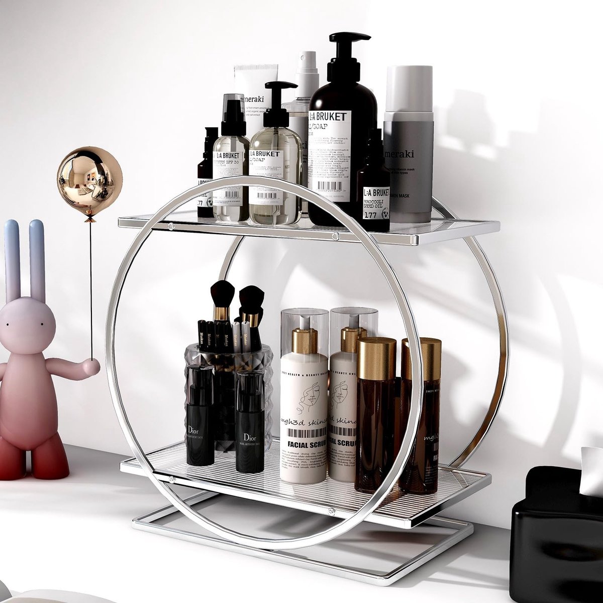 Omgoods - 2-Layer Make-up Organizer - Cosmetica Opslagmand voor Badkamer en Dressing Room (Zilver)