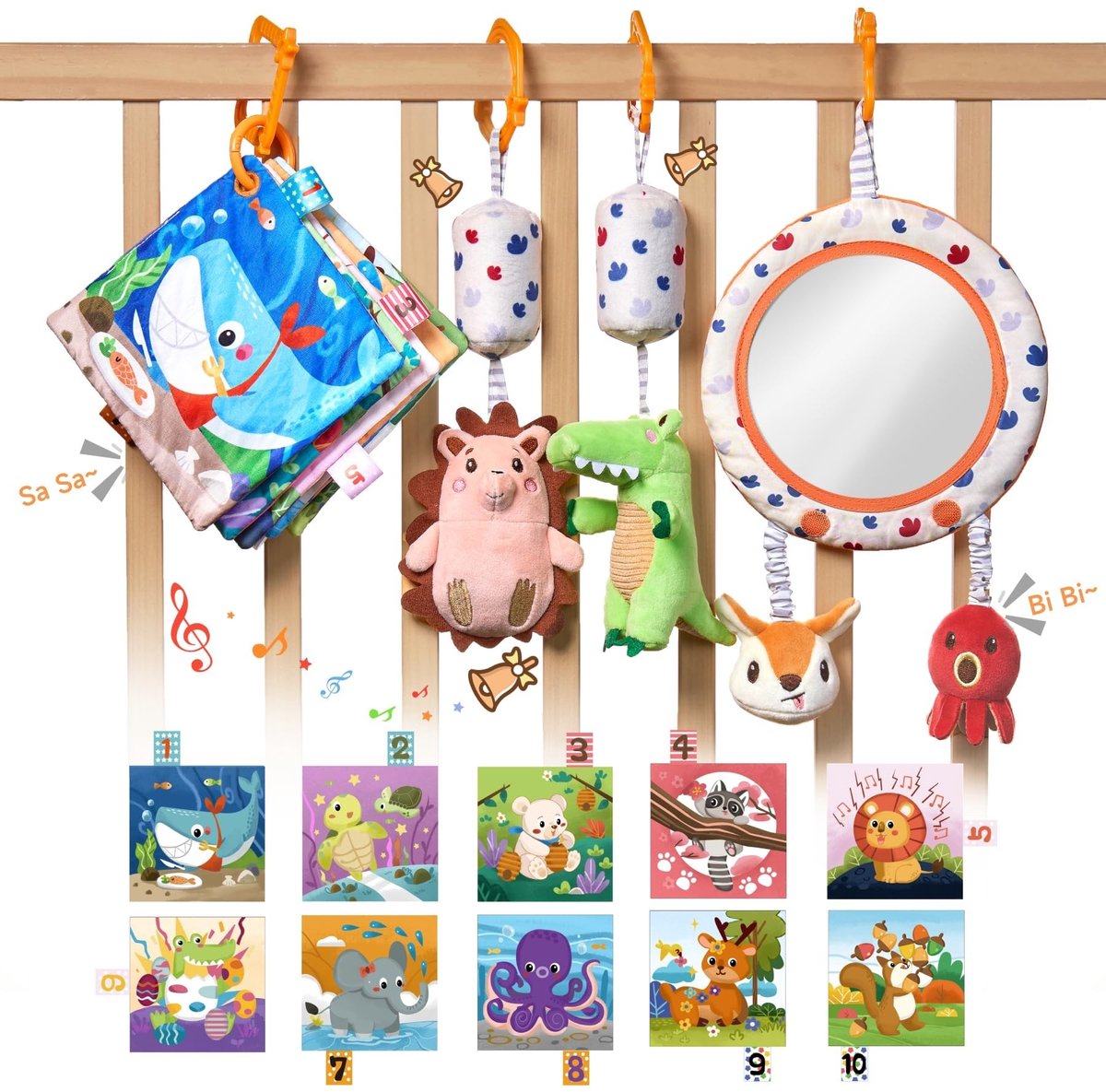 Omgoods - Set van 4 Sensory Baby Toys met Rammelaar en Spiegel