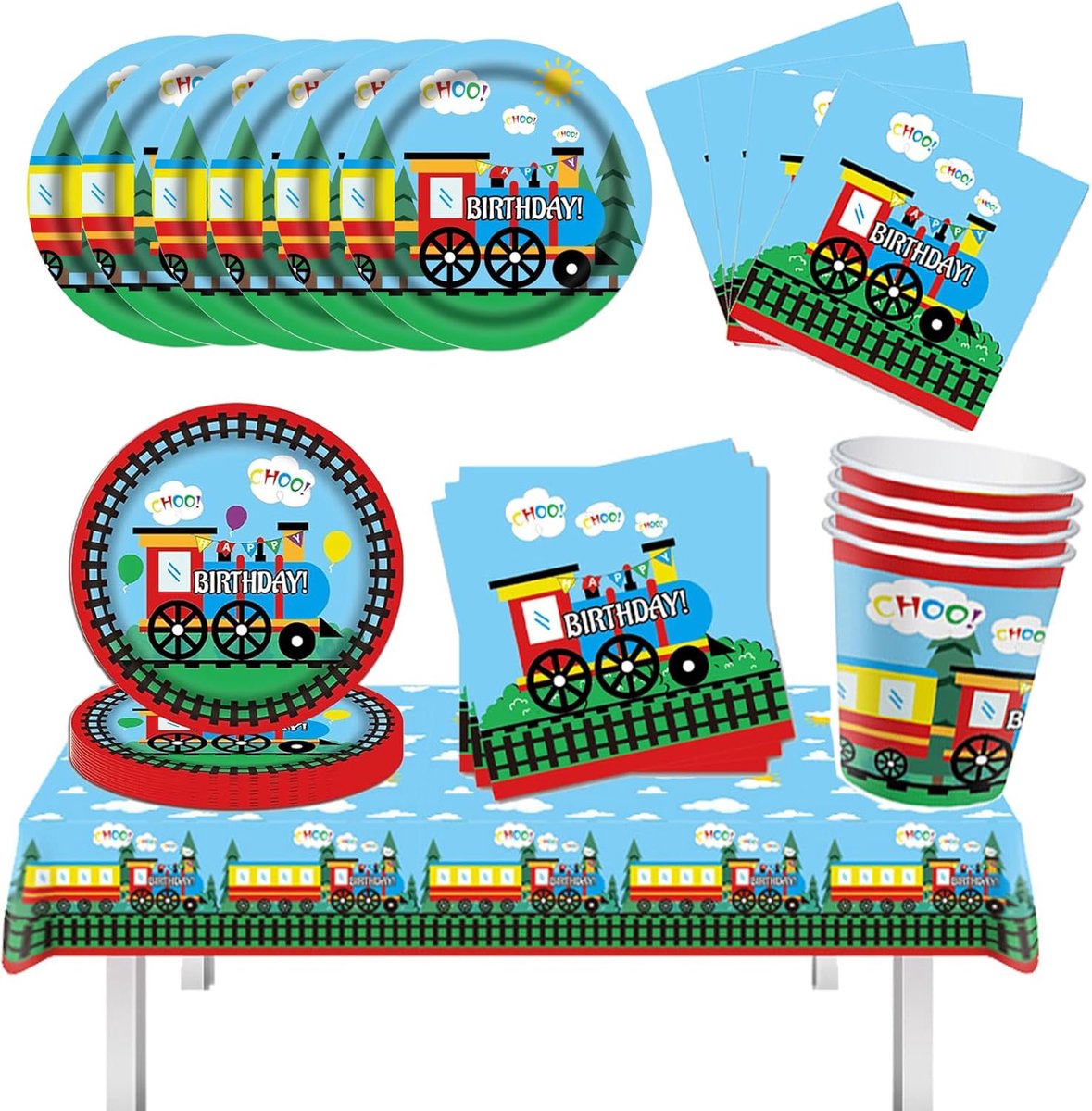 SnelShoppen - 49-delig Servies Set voor 16 Gasten met Kartonnen Borden, Servetten, Tafelkleed en Tafeldecoratie voor Feest, Verjaardag en Kinderparty