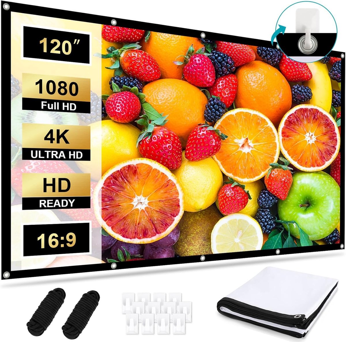 SnelShoppen - Beamer Canvas 120 Inch - Eenvoudig Ophangbaar 16:9 4K HD Projectiescherm, Draagbaar en Vouwbaar Antikreuk Dubbelzijdige Projectie 265 x