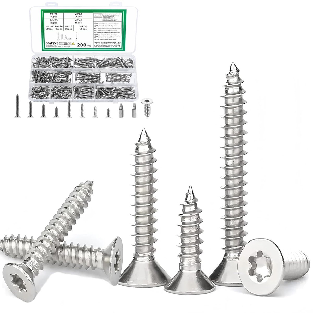SnelShoppen - 200 Stuks M4 M5 Zelftappende Torx Houtschroeven met Torx Connector, Chipboard Schroeven Set, RVS Platkop Schroeven Assortiment voor Meub