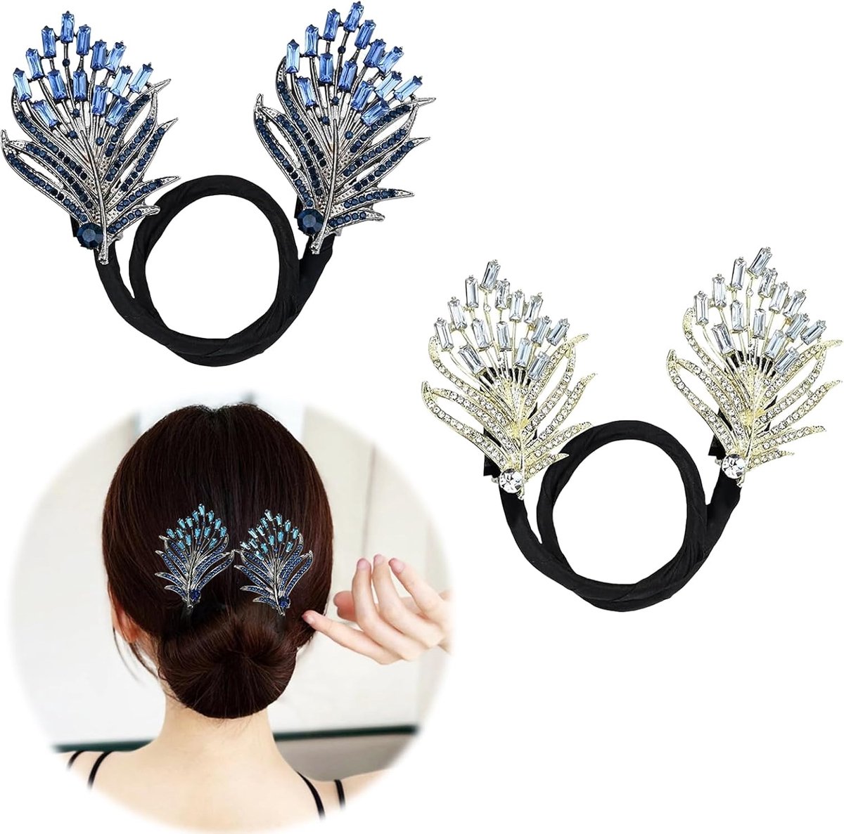 2 stuks, Blauw en Goud Lui Bun Styling Tool, Strass Haar Bun Makers, Franse Twist Haar Pin Bun Makers, Elegante dame - ShopVlot
