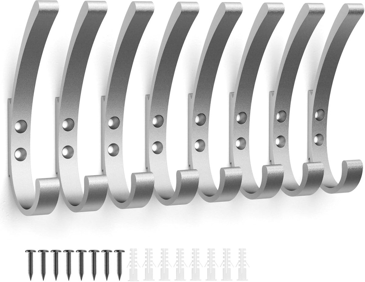 Garderobehaken - extra sterke wandhaken - set van 8 - zilver - aluminium