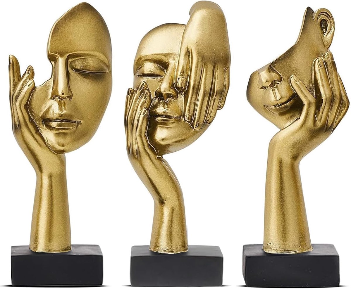 SnelShoppen - Sculptuur Decoratie Goud, 3 Stuks Abstracte Beeldjes, Moderne Sculptuur Decoratie voor Woonkamer, Kantoor, Boekenkast, Slaapkamer