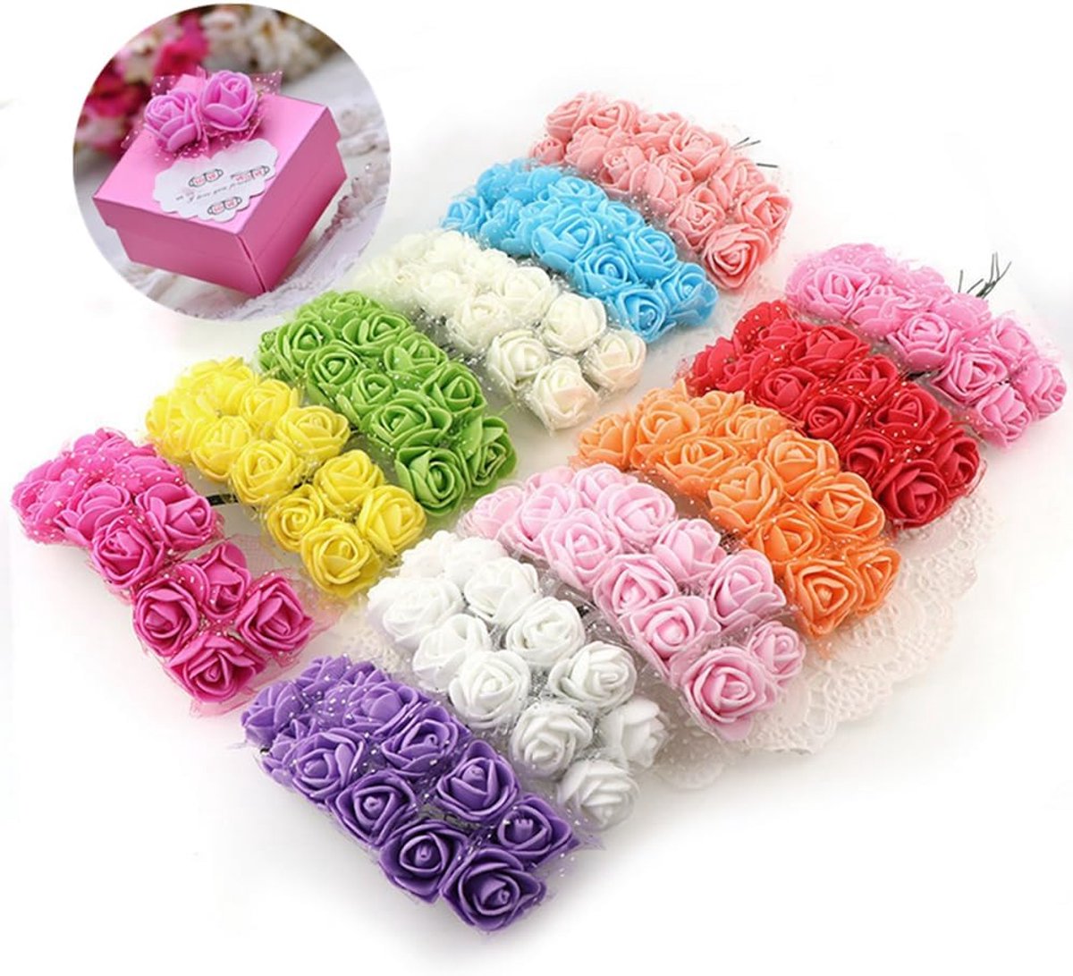 SnelShoppen - 144 stuks Mini Kunstmatige Rozen Bloemkoppen met Zachte Steel 25mm PE Kleine Rozen voor DIY Bruiloft, Haarclips, Taartdecoratie, Polscor