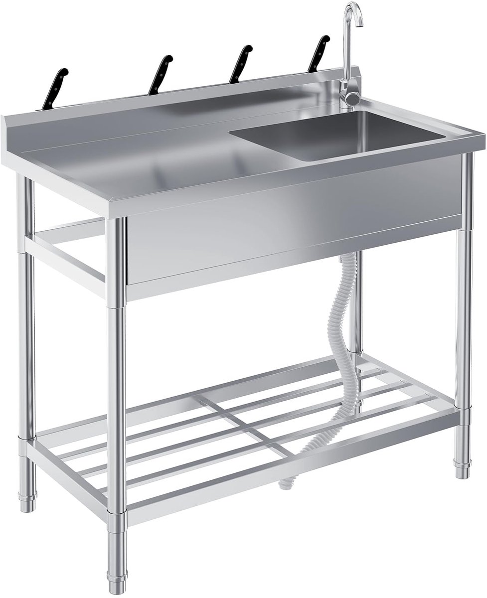 RVS Spoelbak - 304 Roestvast Staal Utility Wastafel Met Afdruipvlak - Vrijstaande Stalen Onderstel - Geschikt Voor Keuken, Garage, Catering En Bedrijf - 99x51x96 cm