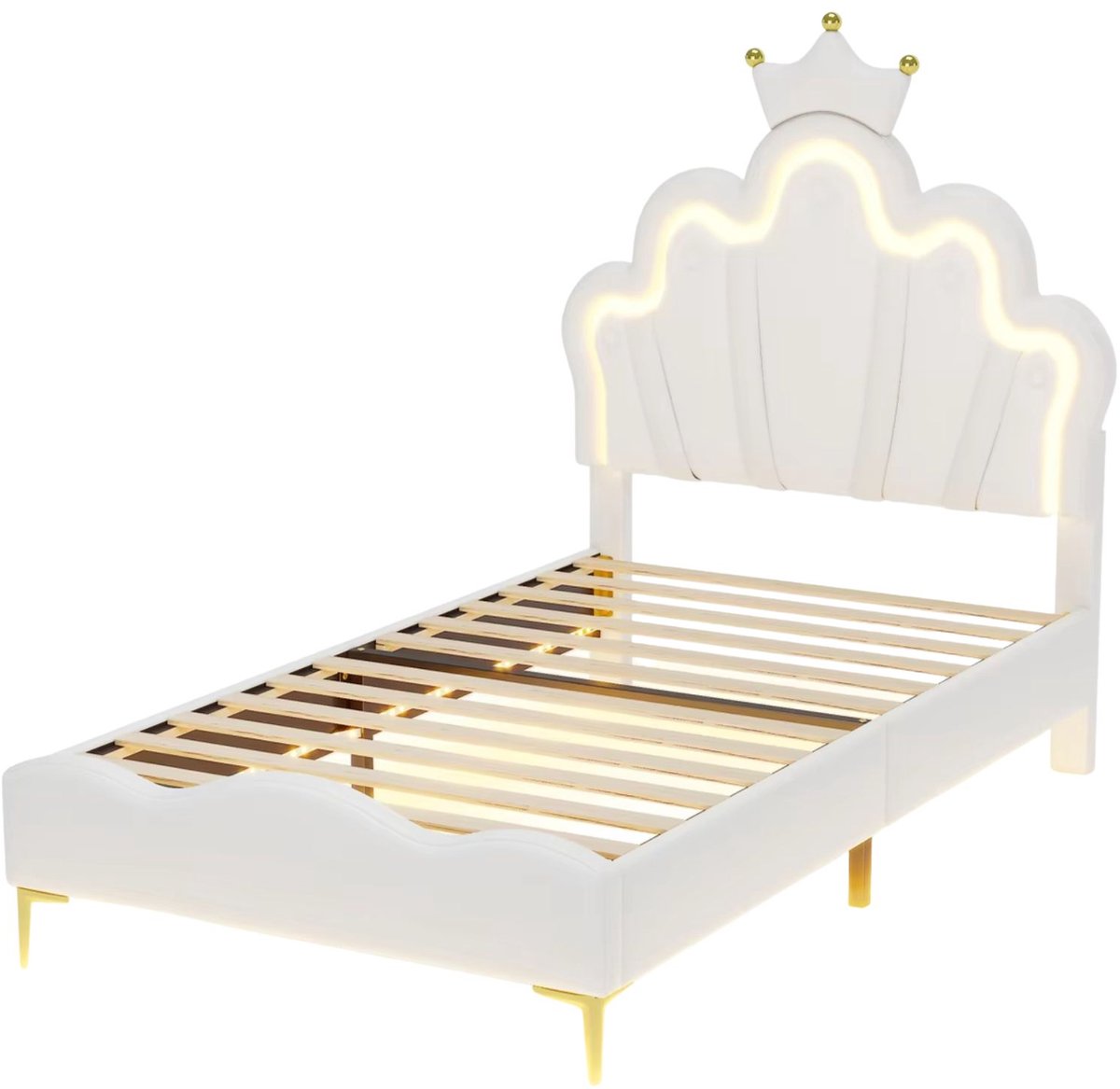 Happiq Gestoffeerd Kinderbed 90 x 200 Cm - Wit PU, met LED en Rugleuning - Bed met Rugleuning, Lattenbodem en LED - Verlichting White