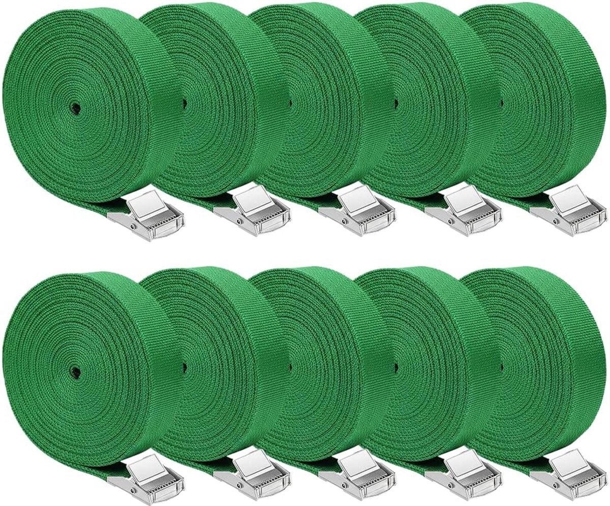 Spanbanden met klemslot, 2,5 m x 2,5 cm, 10 stuks sjorbanden met ratel, verstelbare bevestigingsriemen, voor auto, motorfiets, fiets, steekwagen, bagage, camping (groen, 10 stuks)