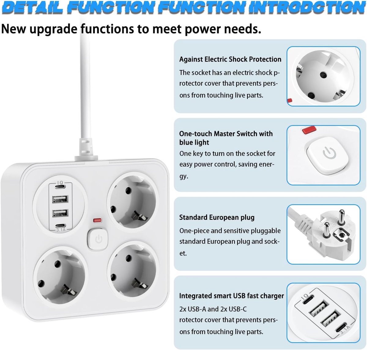 SnelShoppen - Stekkerdoos met USB, 3-voudig Meervoudig Stopcontact, 2 USB-aansluitingen, 7-in-1 Stekkeradapter met 2m Verlengkabel, 250V/16A, Wandplaa