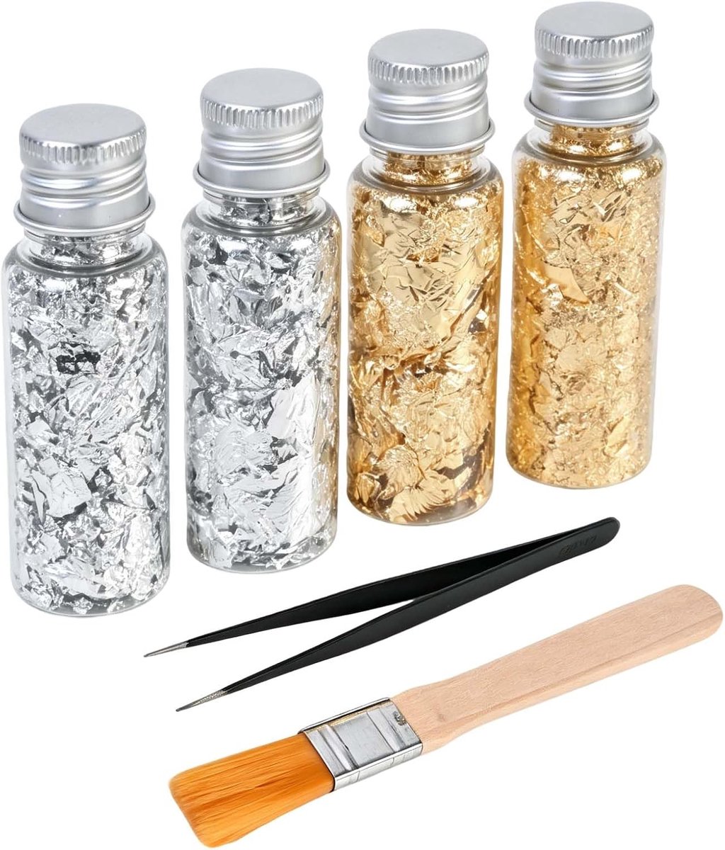 Bladgouden vlokken set met pincet en kwast, goud en zilver | Luxe glans, metaalfolie voor nagelkunst, epoxyhars-sieraden, doe-het-zelf knutselen, schilderen en kunsthandwerk decoratie