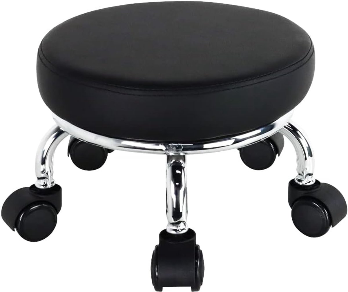 SnelShoppen - Rollerstoel, PU Leer, Lage Ronde Rollenstoel, 22 cm Hoog, 31,5 cm Diameter, 135 kg Capaciteit, 360 Graden Draaistoel voor Garage, Yoga,
