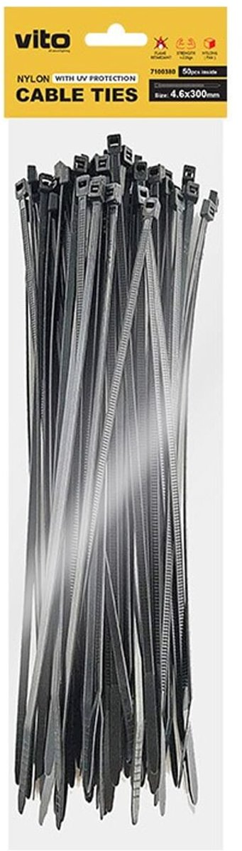 VITO Kabelbinder 4.6x300mm - Zwart - Met UV-beschermingsfolie - 50 stuks in blisterverpakking - Kunststof Kabelklem - Kabelbinder