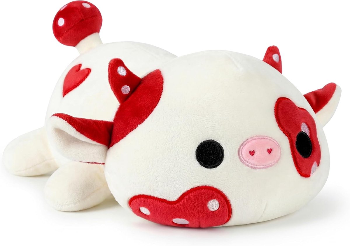 Pluche knuffeldier, paddenstoel- en koeknuffeldier, knuffeldier, kawaii, pluche kussen, speelgoed, melkkoe, pluche werpkussen, cadeau voor kinderen, meisjes van 12 jaar, rood, 30 cm