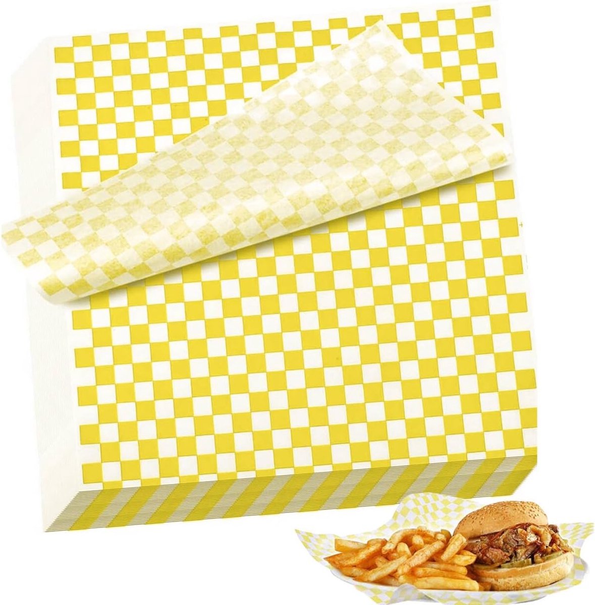 100 vellen geruit, waspapier voor levensmiddelen, pommetzakjes, papier, boterhamburger, verpakking van levensmiddelenverpakking, papier voor sandwich, fast food, snacks, brood, hamburger