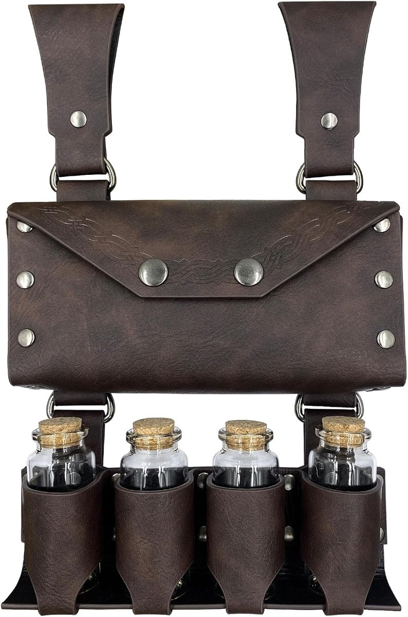 Middeleeuwse alchemie riemtas van kunstleer met 4 flesjes kurkdrank, Fantasie tovenaar heuptas Side Pack voor Halloween (Bruin A)