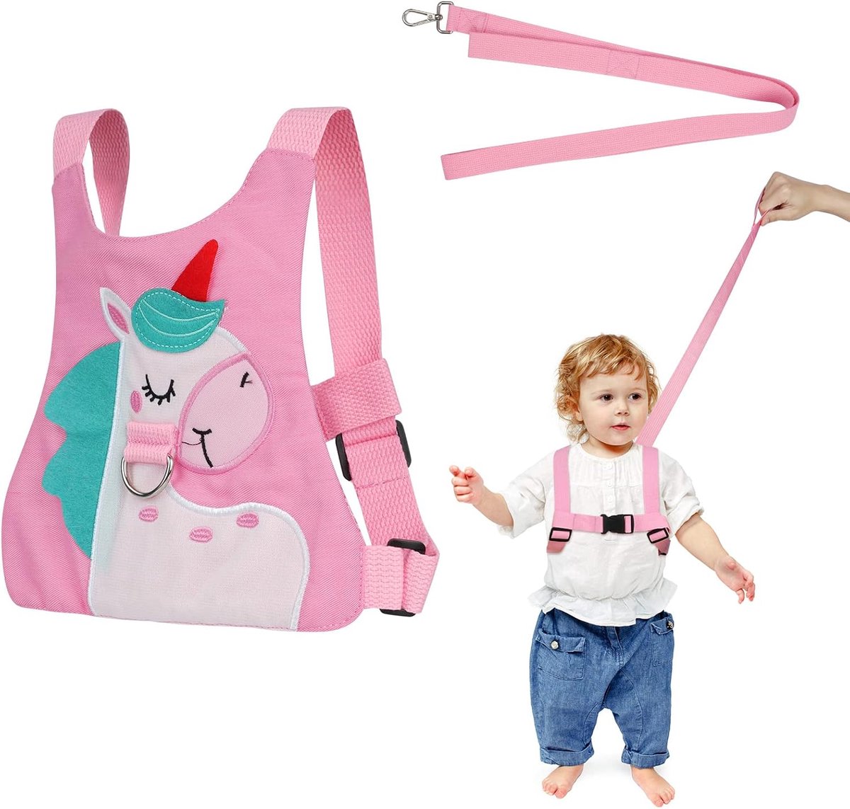 Veiligheidslijn voor baby‘s en veiligheidsharnas voor peuters, voorkomt verloren lopen, ponythema voor jongens en meisjes (roze)