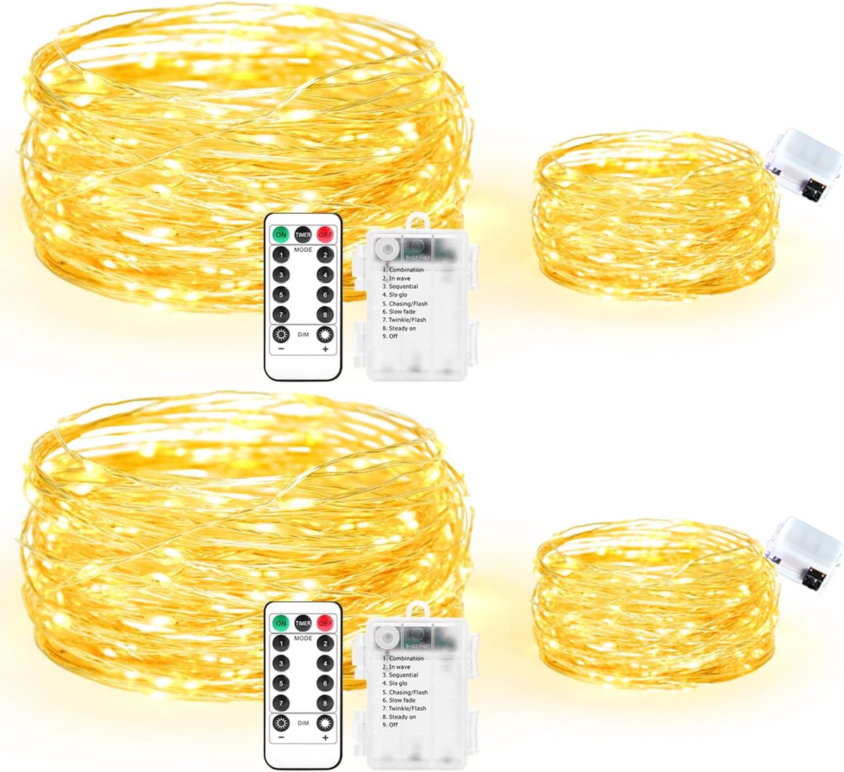 2 stuks 10 m + 2 stuks 3 m led-lichtketting op batterijen, 8 modi afstandsbediening, timer lichtketting, IP65 waterdicht, voor buiten, voor Kerstmis, binnen en buiten, Warme kleuren