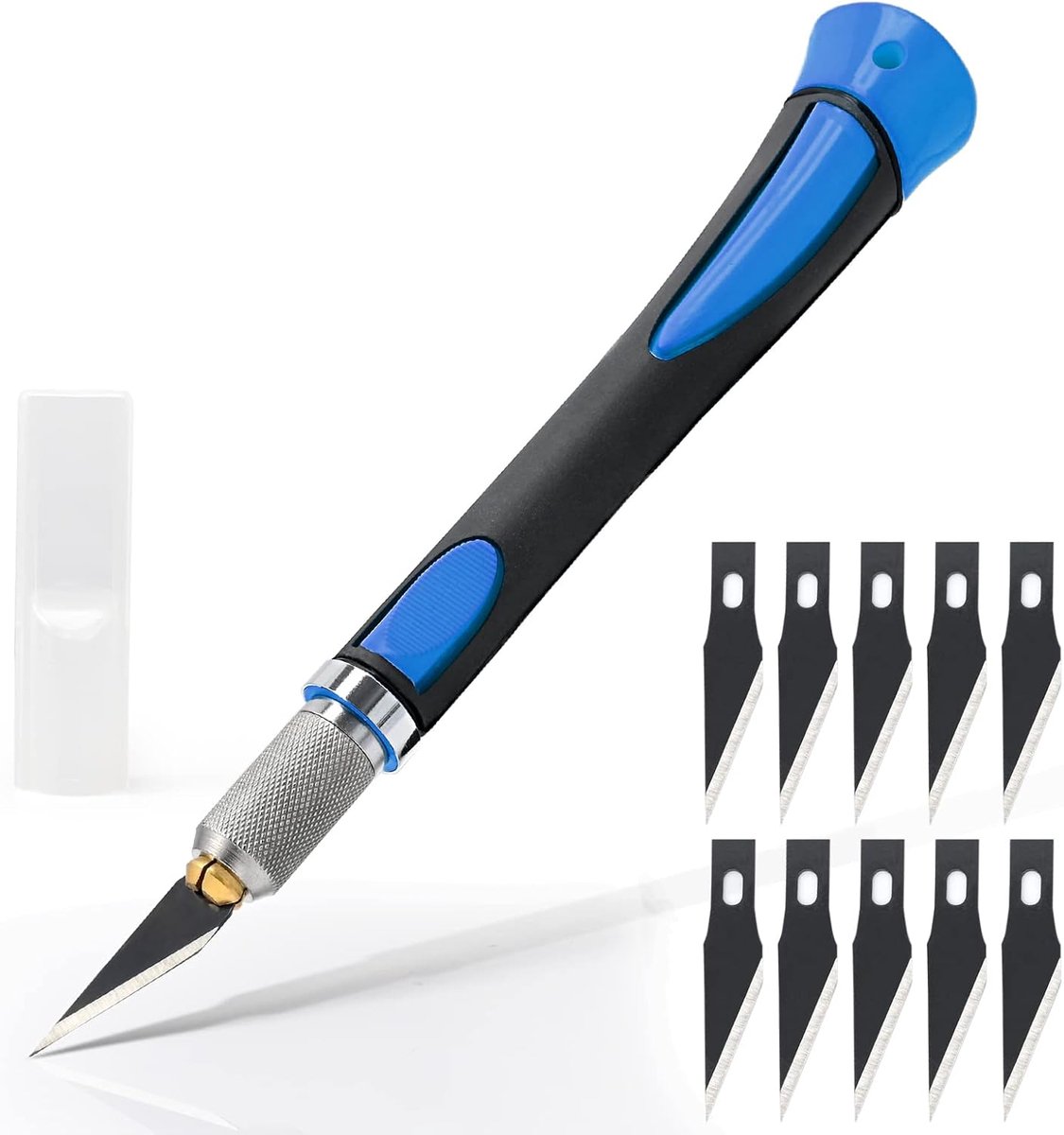 Knutselmes, scalpelset, inclusief softgrip, met 10 reservemesjes met een roestwerende oliefilm, Carving Craft mes, cuttermes, scalpel knutselen, blauw