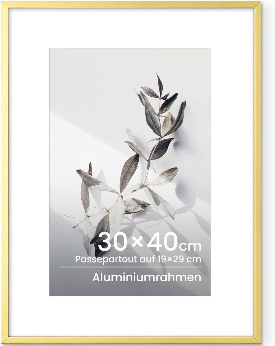Fotolijst 30 x 40 cm, goud, aluminium 30 x 40 cm, metalen frame met gehard glas, voor foto's, posters, kunstwerken of 19 x 29 cm foto's met passe-partout