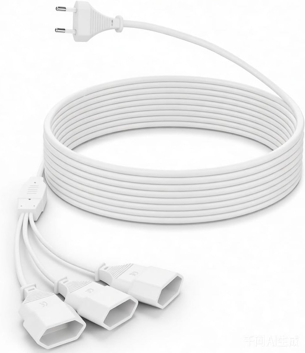 Verlengkabel voor gebruik binnenshuis met 3 stopcontacten en platte stekker, directe aansluiting, 3 meter lange platte kabel (250 V/2,5 A max), wit