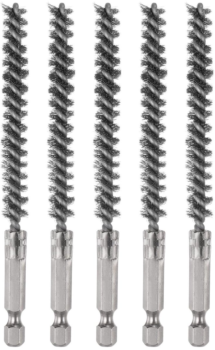 5 stuks boorborstels van roestvrij staal, 8 mm diameter, reinigingsborstel met gedraaide draad, buisreiniger met handvat, 1/4 inch zeskantschacht voor buizen, aansluitingen, lagers