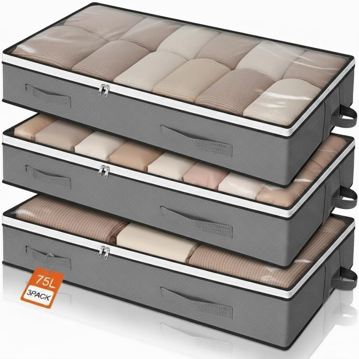 Kastdozen, 3 stuks 75 l opbergdozen voor kleding, opbergdoos, opvouwbaar, verhuisdozen, ruimtebesparende onderbedcommode voor dekens, beddengoed, grijs