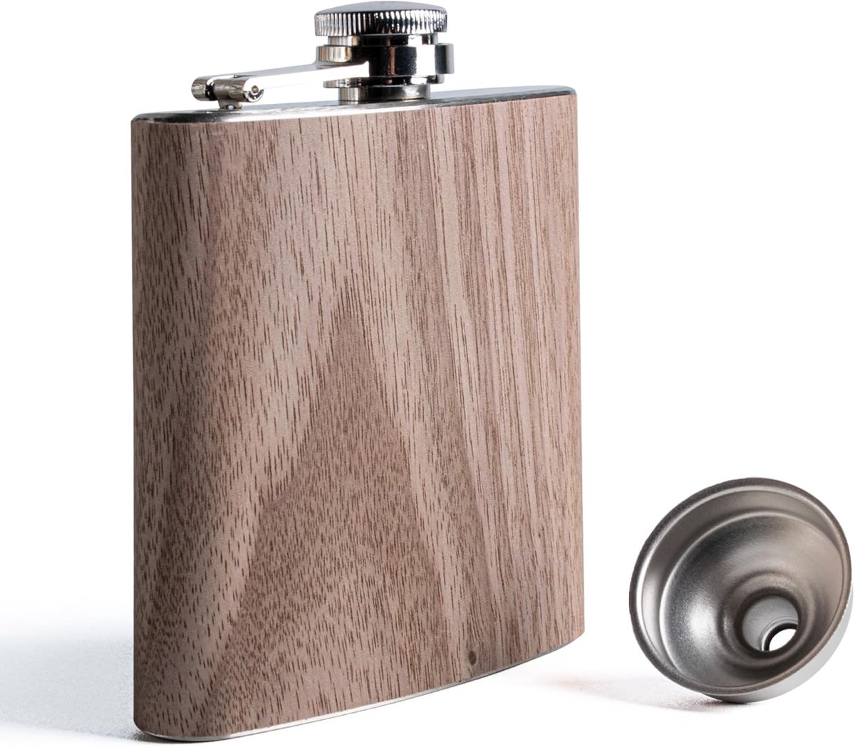 Heupfles met Hout 6oz Zakflacon van Roestvrij Staal met Trechter voor Mannen Draagbare Whisky Fles voor Wandelen Reizen Kamperen Vissen