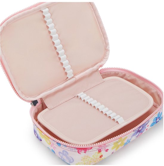 Geopend wit etui met bloemenprint, roze binnenzijde met twee compartimenten en penhouders.