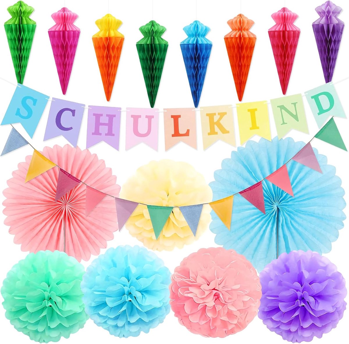 Schooldecoratie 2026 pastelkleurige slinger, slinger, honingraatballen, pompons, papieren waaiers, decoratie voor het begin van het schooljaar