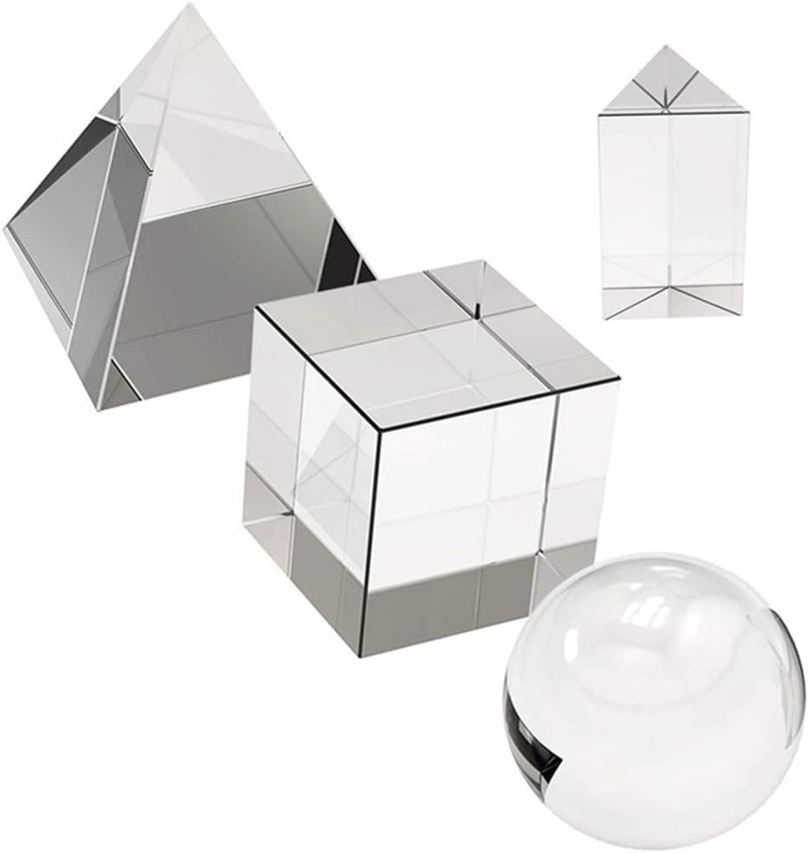 4 Pack K9 Optische Kristal Fotografie Prisma Set met, Inclusief 50mm Crystal Cube, 50mm Glas Driehoekig Prisma, 55mm Crystal Ball, 60mm Optische Piramide Voor natuurkunde onderwijs, games en