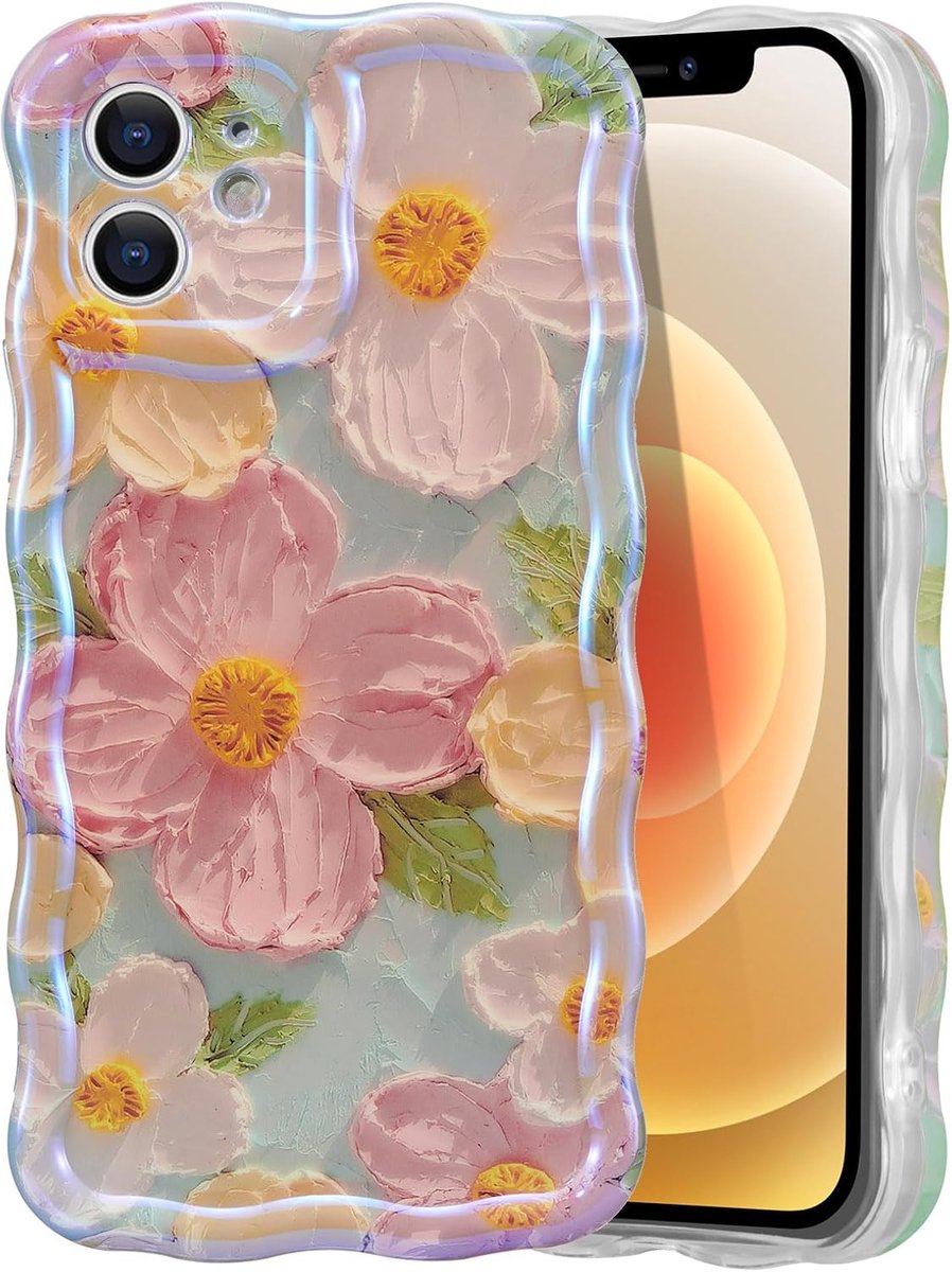 Telefoonhoesje voor iPhone 11, kleurrijk vintage, olieverfschilderij, bloemen, met laser, krullend golven, frame, zachte TPU-hoes, ultradun, siliconen, krasbestendig, stootvast, groen