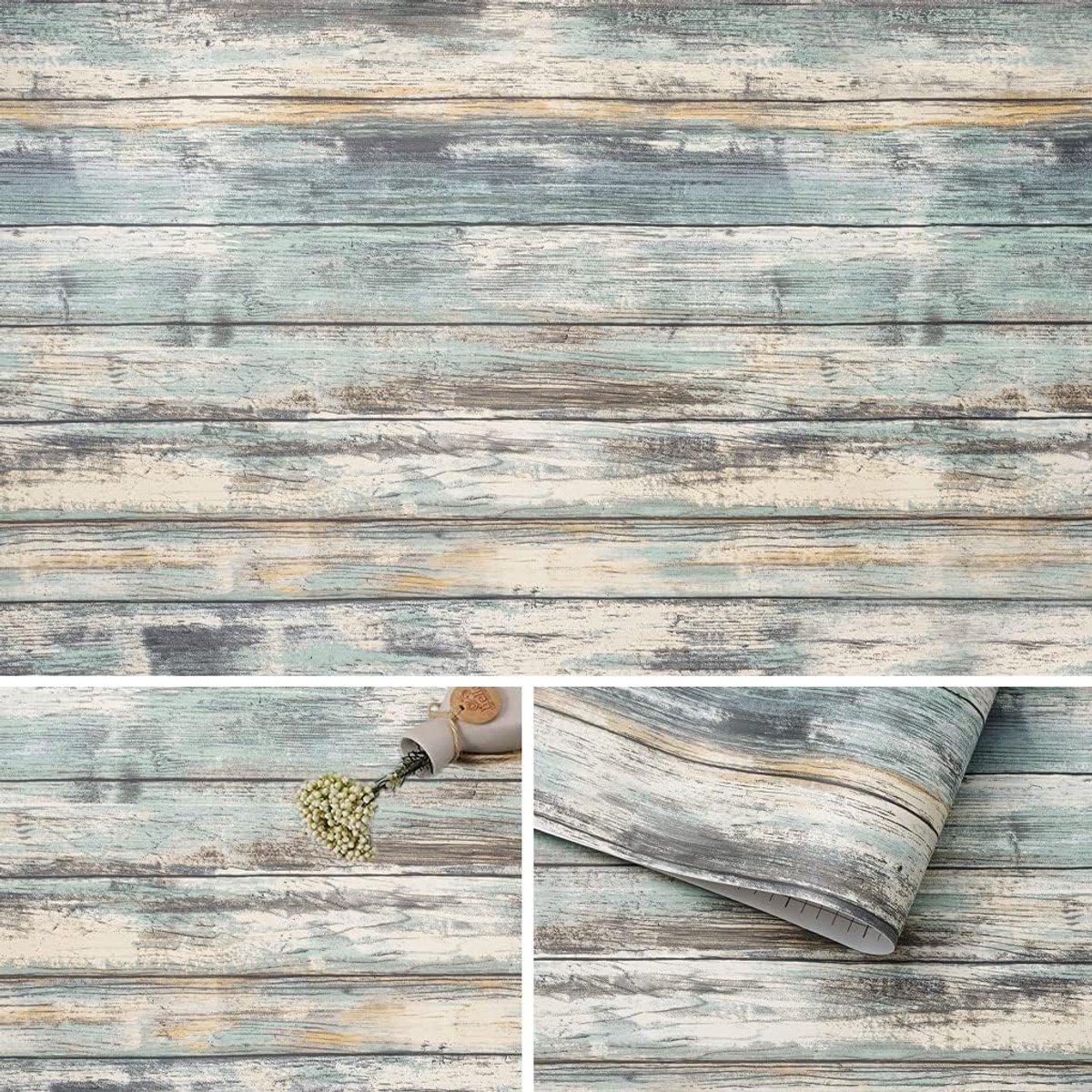 Plakfolie, rustieke houtlook, zelfklevend behang, 44 x 10 m, blauw houtpapier, decoratief vinyl voor meubels, keuken, werkblad, kasten, meubels, tafels, muur, vintage, doe-het-zelf