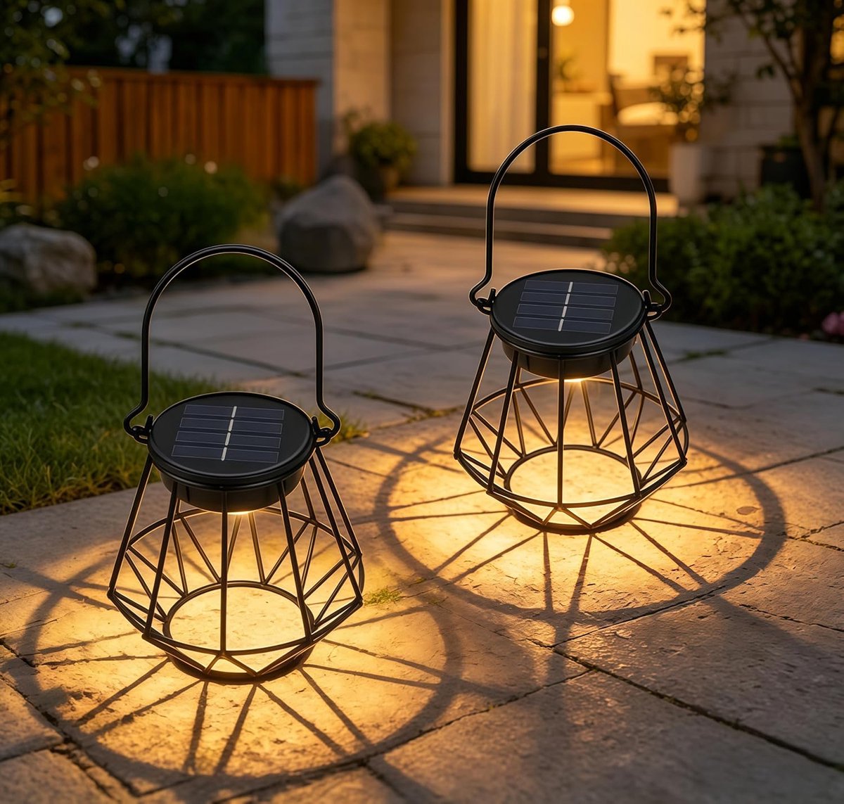 SnelShoppen - 2 Stuks Solar Tuinverlichting Hangende Solar Lantaarns IP65 Weerbestendige Metalen Lantaarns Retro LED Solar Lantaarns 2700K Warm Wit Bu