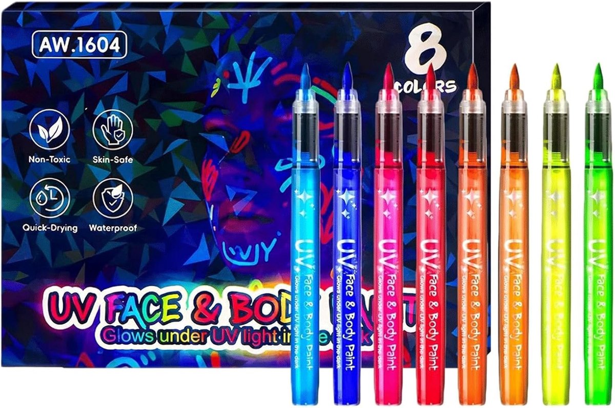 SnelShoppen - 8 Kleuren UV Zwartlicht Pennen Fluorescerende Tatoeage Pens Glim in het Donker Lichaamsverf Set voor Feesten en Festivals