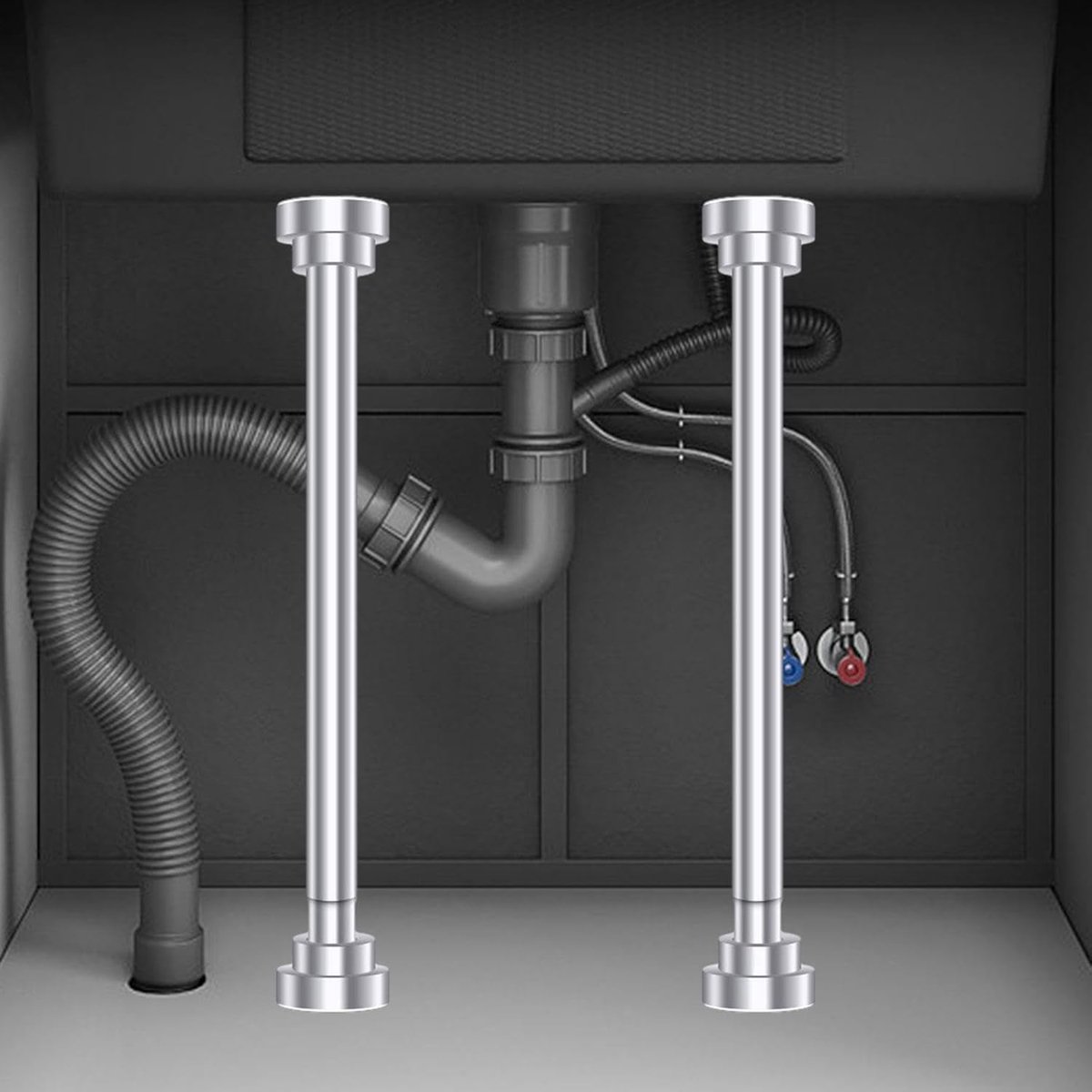 SnelShoppen - Set van 2 Onderbouw Spoelbak Steunen RVS Ondersteuningspijpen 35-50cm Verstelbare Steunen voor Keuken en Badkamer
