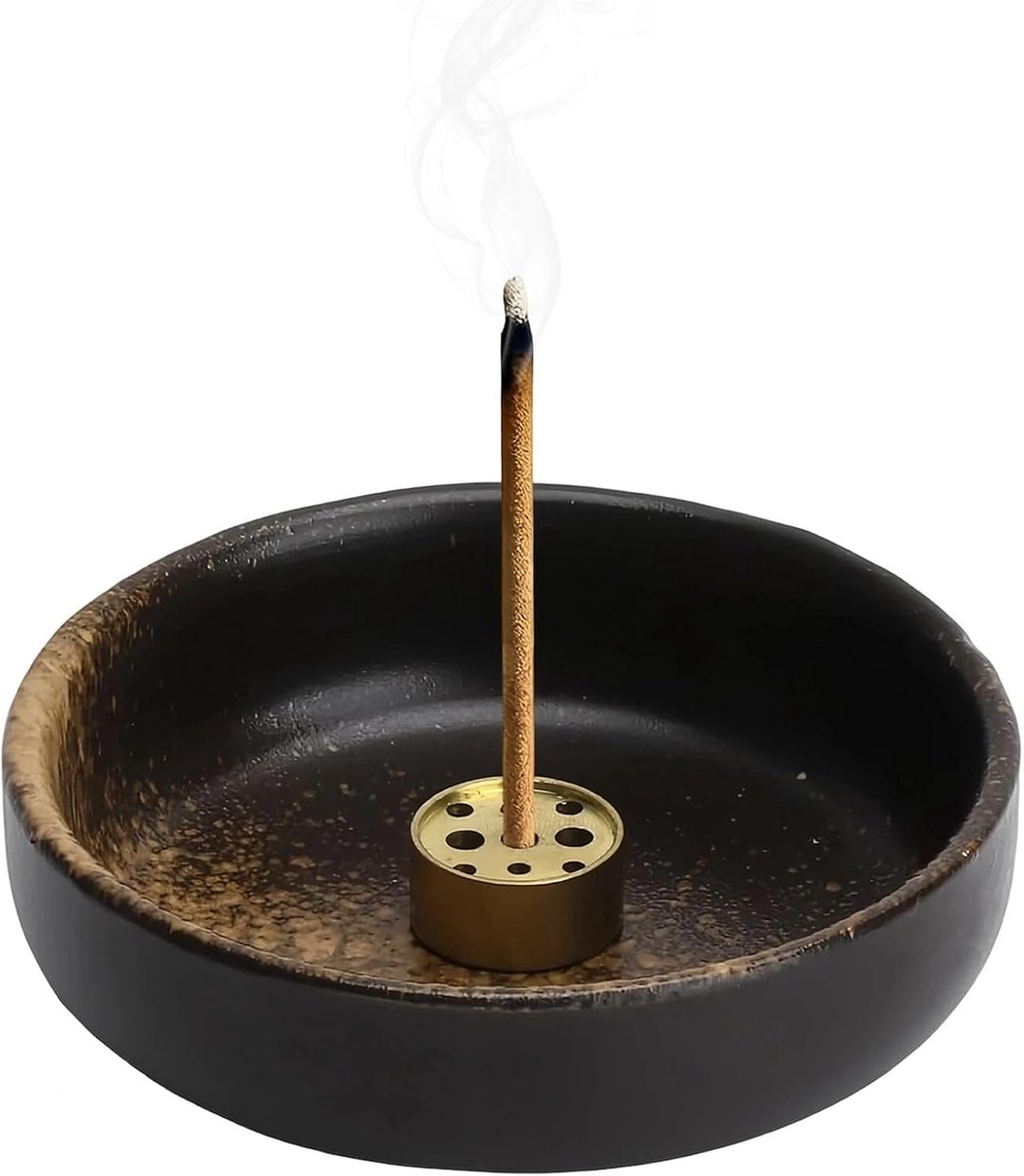 Wierookstokjeshouder, keramiek, diameter 9 cm, houder wierookstokjes, zwart-geel glazuur, met messing inzethouder - ShopVlot