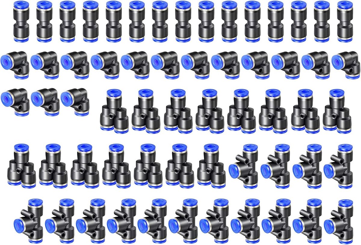 SnelShoppen - 60 Stuks 6mm Pneumatische Snelle Aansluitset voor Luchtslangen - Rechte, Hoek, T- en Splitter Connectoren - Hoogwaardige PU en Plastic -