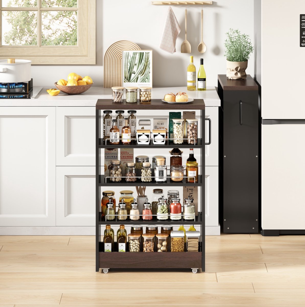 REDOM- Slim Storage Cart - Open kast met 4 verstelbare planken - Met wielen - Industrieel - Keuken en badkamer - MDF - Zwart en Bruin - 55 x 20 x 85 cm