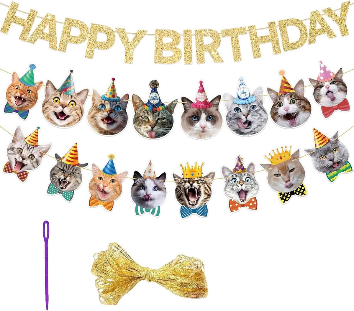 SnelShoppen - Kattenverjaardag Banner, Feestdecoraties voor Kattenverjaardag, Glitterfolie met Speelse Kittenillustraties, Perfect voor Kinderen, Jong