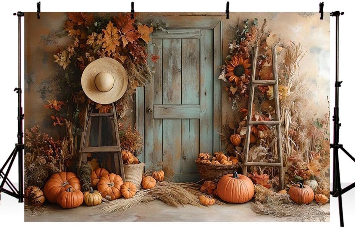 5x7ft Herfst Fotografie Achtergrond Herfst Oogst Rustieke Schuur Houten Deur Pompoenen Achtergrond Kinderen Volwassenen Portret Achtergrond Cover voor Verjaardagsfeest Baby Shower Bruiloft