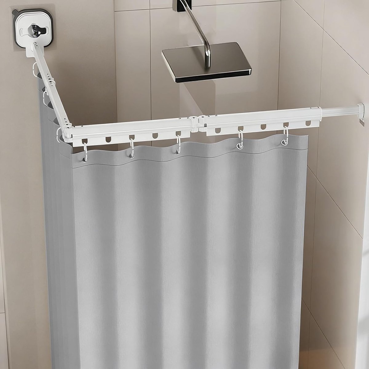 douchegordijnstang met zuignap en douchegordijn, douchegordijn zonder boren, intrekbaar wasrek, douchegordijnstang voor badkamer, hoek (4-weg wit + 1,5 x 2 m douchegordijn)
