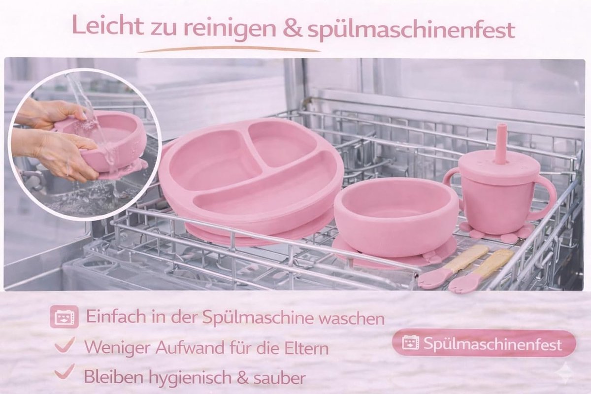 6-delige siliconen babyset – antislip bord, schaal, beker met rietje, vork, lepel, lappendoek – vaatwasmachinebestendig, BPA-vrij, magnetronbestendig – Voor kinderen vanaf 6 maanden