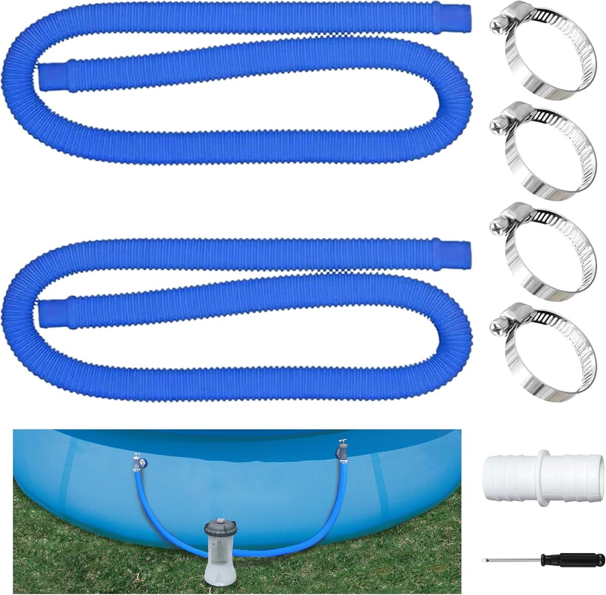 Zwembadslang 32 mm, 2 stuks zwembadslang 32 mm, vervangende zwembadslang met 4 metalen klemmen en 1 stuk slangverbinder, poolfilterslang, poolpompslang voor bovengrondse zwembaden