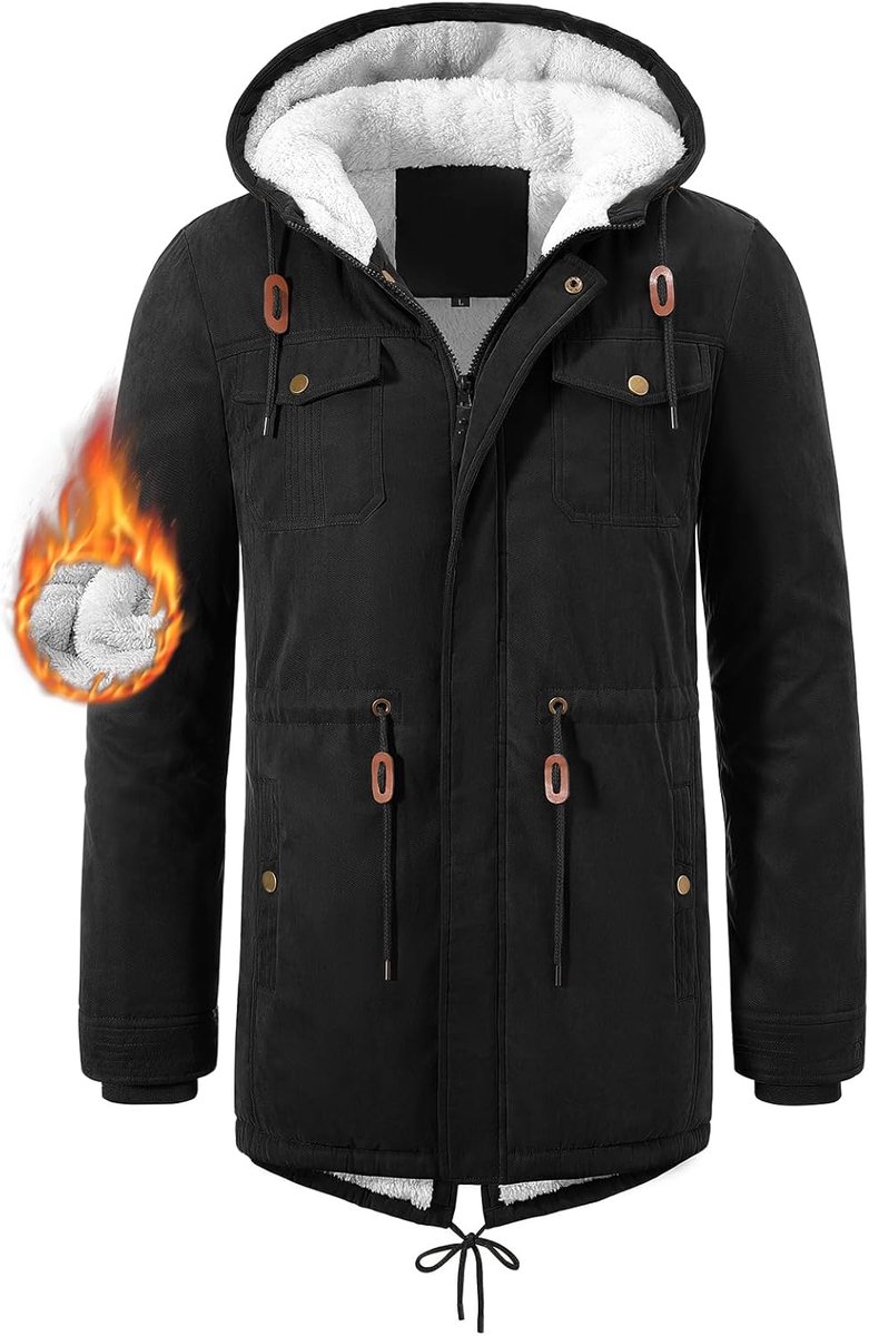 Winterjas voor heren met capuchon, parka van fleece, warme jas met ritssluiting, winddicht, middelgroot, met zak